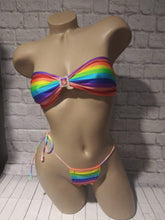 Load image into Gallery viewer, Rainbow Striped Bandeau rhinestone bikini set
