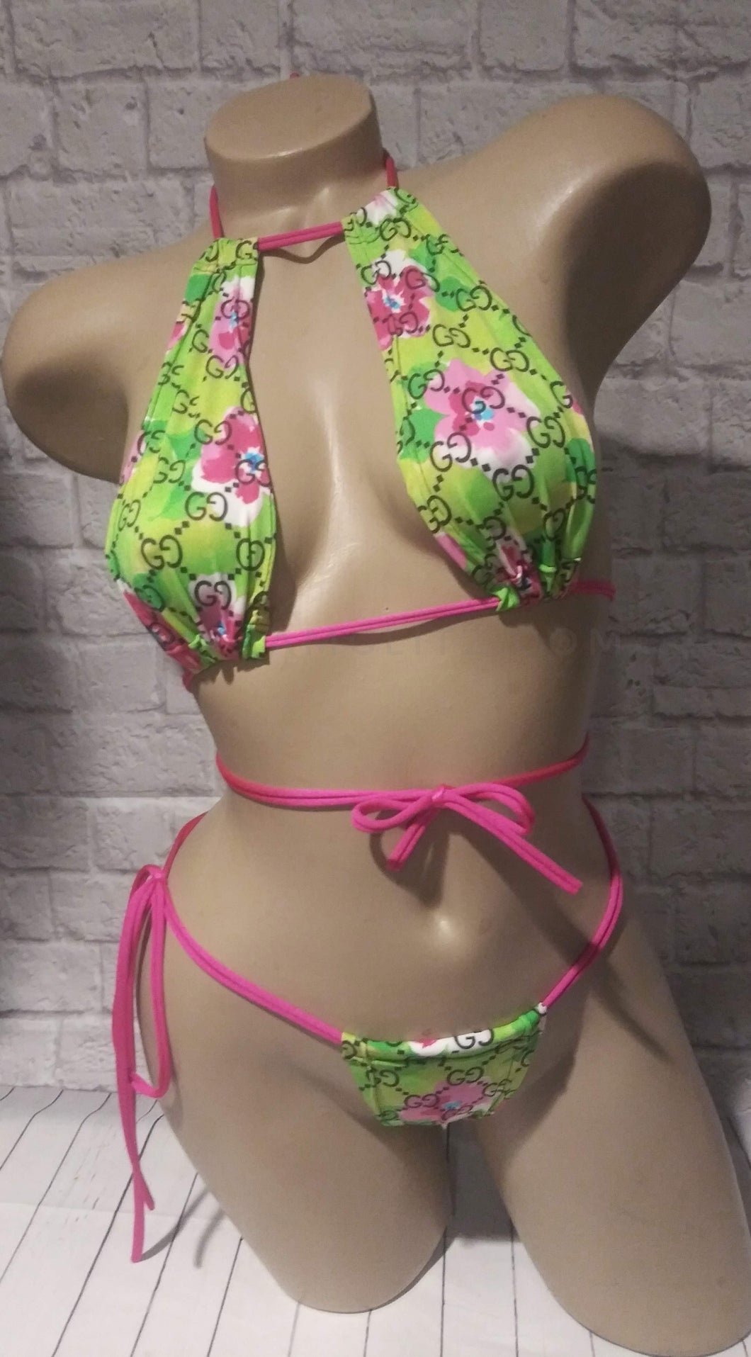 2 piece designer Inspired green floral G halter bikini set