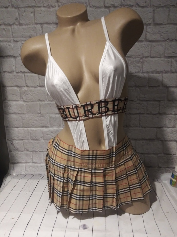 2 piece designer inspired bur plaid school girl set