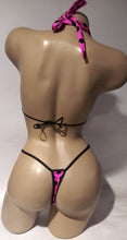 Load image into Gallery viewer, Hot pink and black 2 piece polkadot halter bikini set
