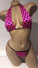 Load image into Gallery viewer, Hot pink and black 2 piece polkadot halter bikini set
